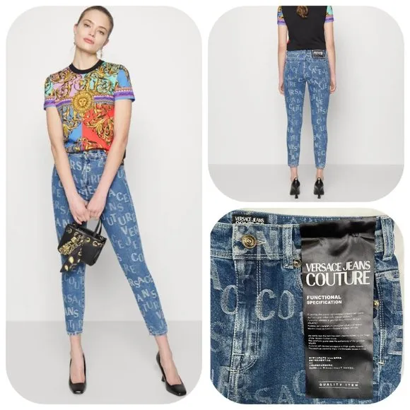 NWT $525 Authentic Versace Couture allover logo stretchy cotton jeans 27
          
      NWT