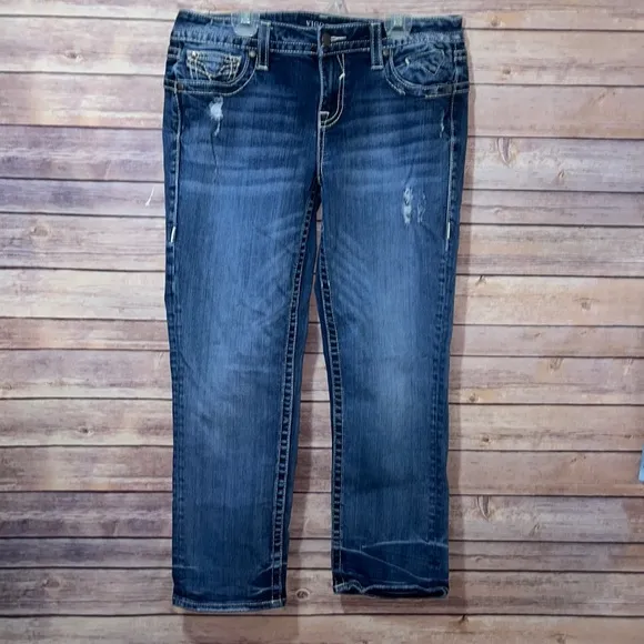 Vigoss Womens Juniors 7/8 The Chelsea Capri Jeans Embellished Stretch distressed