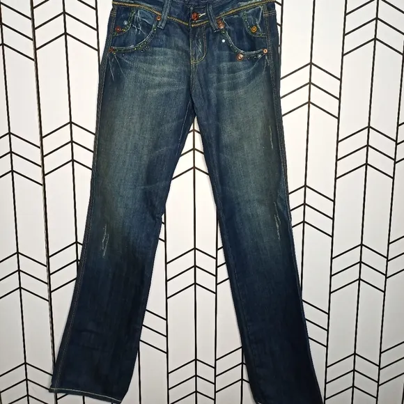 Vigoss Jeans Bootcut Rhinestone & Buttons Dark Wash Denim 100% Cotton