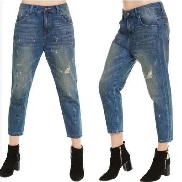 Wildfox NWT Baggy Crop Davinci Jeans Splatter Distressed Medium Wash Multi Size
          
      NWT