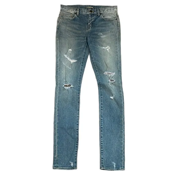 Saint Laurent Womans Blue Distressed Skinny Jeans