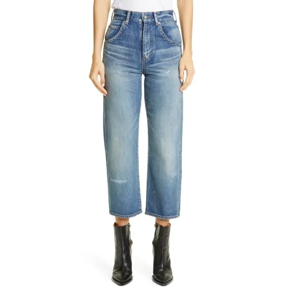 Saint Laurent 70s Crop High Rise Straight Relaxed Fit Jeans Medium Wash Size 25