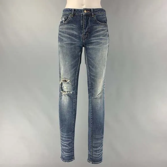 SAINT LAURENT Size 26 Blue Cotton &  Elastane Distressed Skinny Jeans