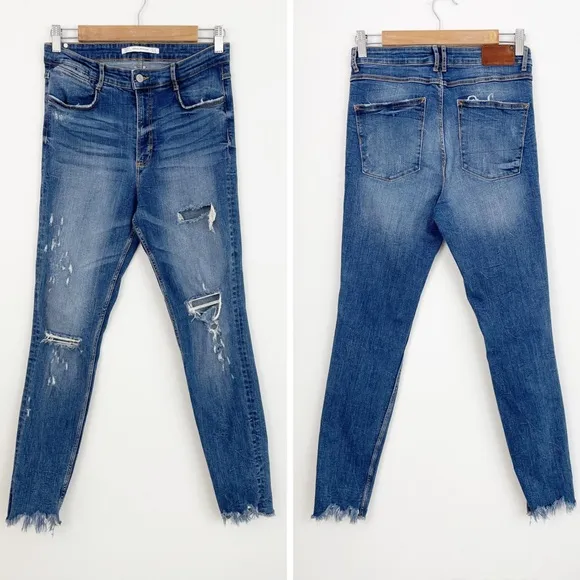 Zara Trafaluc High Rise Distressed Frayed Hem Skinny Jeans Size 8