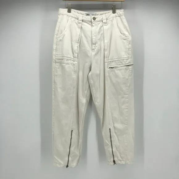 Zara Parachute Jean Womens 6 Off White Cargo Pockets Ankle Zippers High Waist