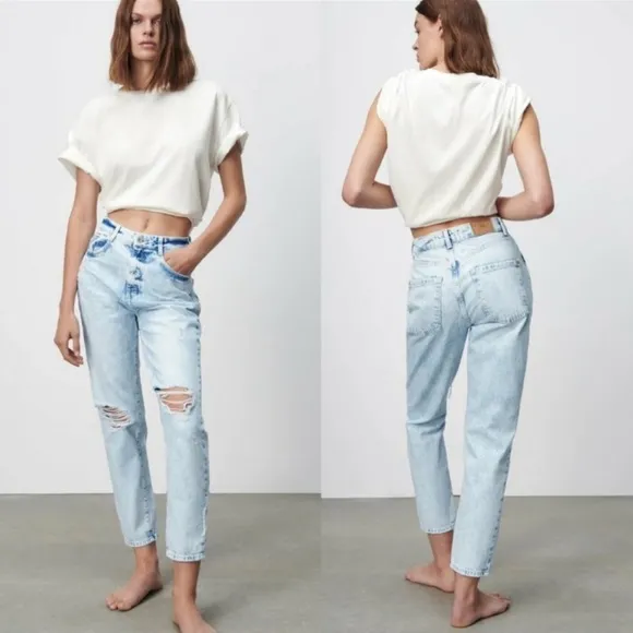 Zara z1975 Ripped Distressed Mom Jeans | Acid Vintage Light Wash | US 8