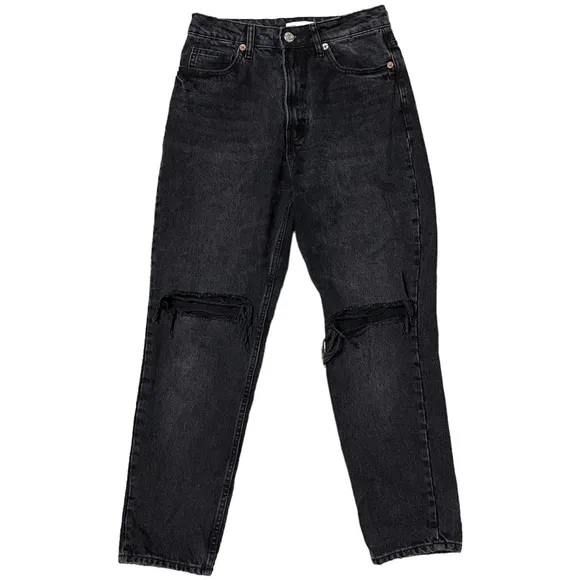 Zara Distressed High Rise Mom Jeans Black 6