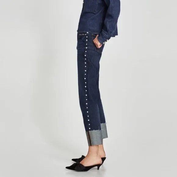 Zara Faux Pearl Embellished Raw Hem Mid-Rise Jeans