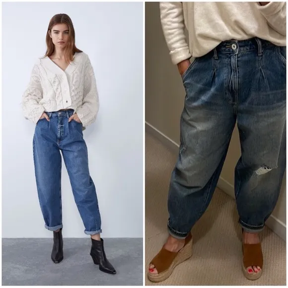 Zara Medium Wash Baggy Slouchy Paperbag Straight Mom Jeans 6 28in