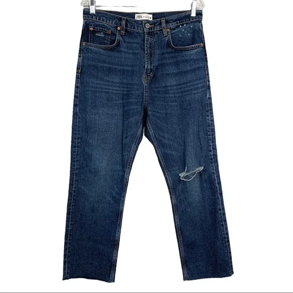 Zara The High Waist Kick Jeans Blue Medium Wash Raw Hem Distressed Size 10