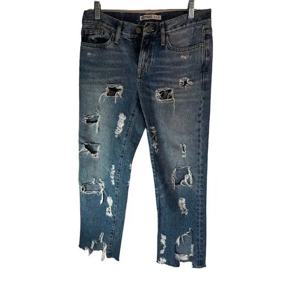 Zara Basic Z1975 Denim Extremely Distressed Straight Leg Jeans.  Medium Wash.  S