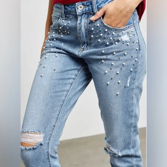 Zara Beaded, Distressed, Raw Hem, Skinny Jeans