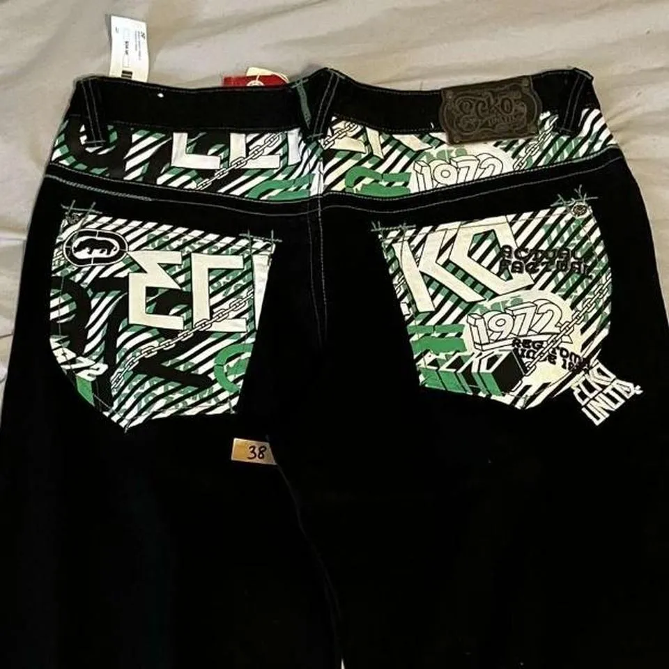 Men's Black and Green Jeans