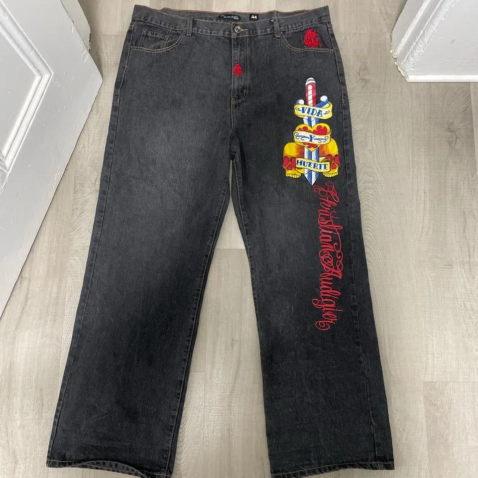 Ed Hardy Men's Black and Yellow Jeans