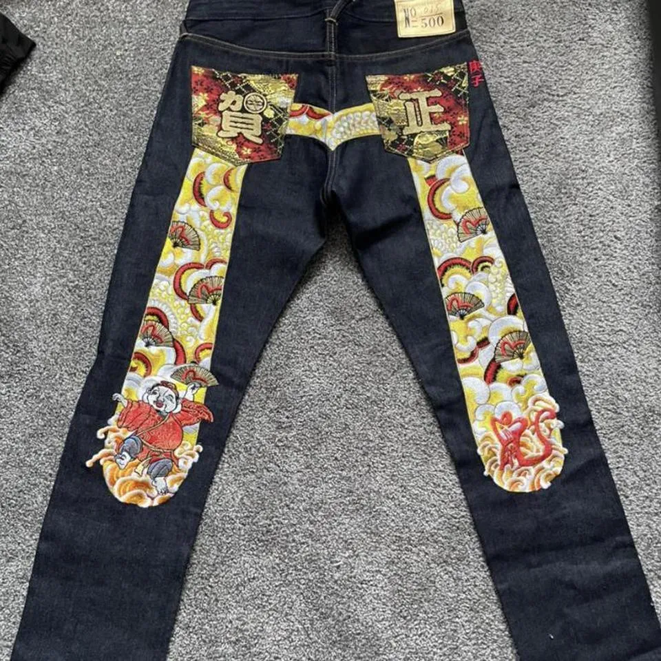 Evisu Men's Red and Gold Jeans