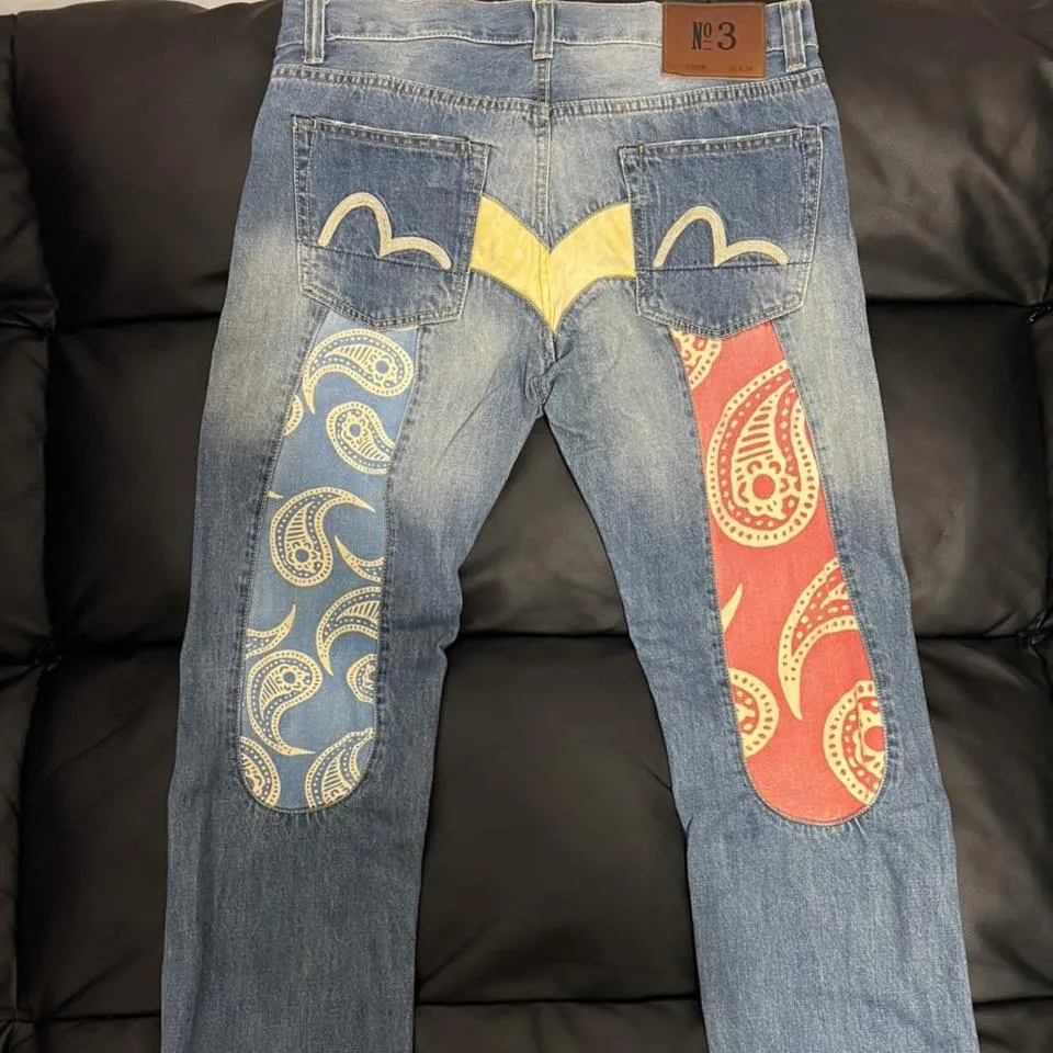 Evisu Men's Blue and Pink Jeans