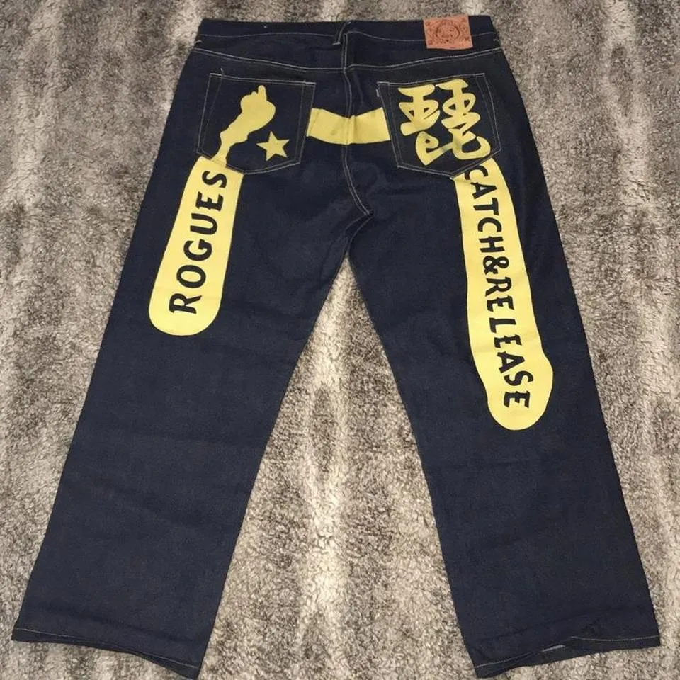 Evisu Men's Yellow and Navy Jeans