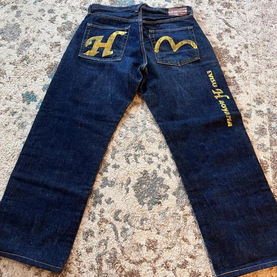 Evisu Men's Blue and Yellow Jeans