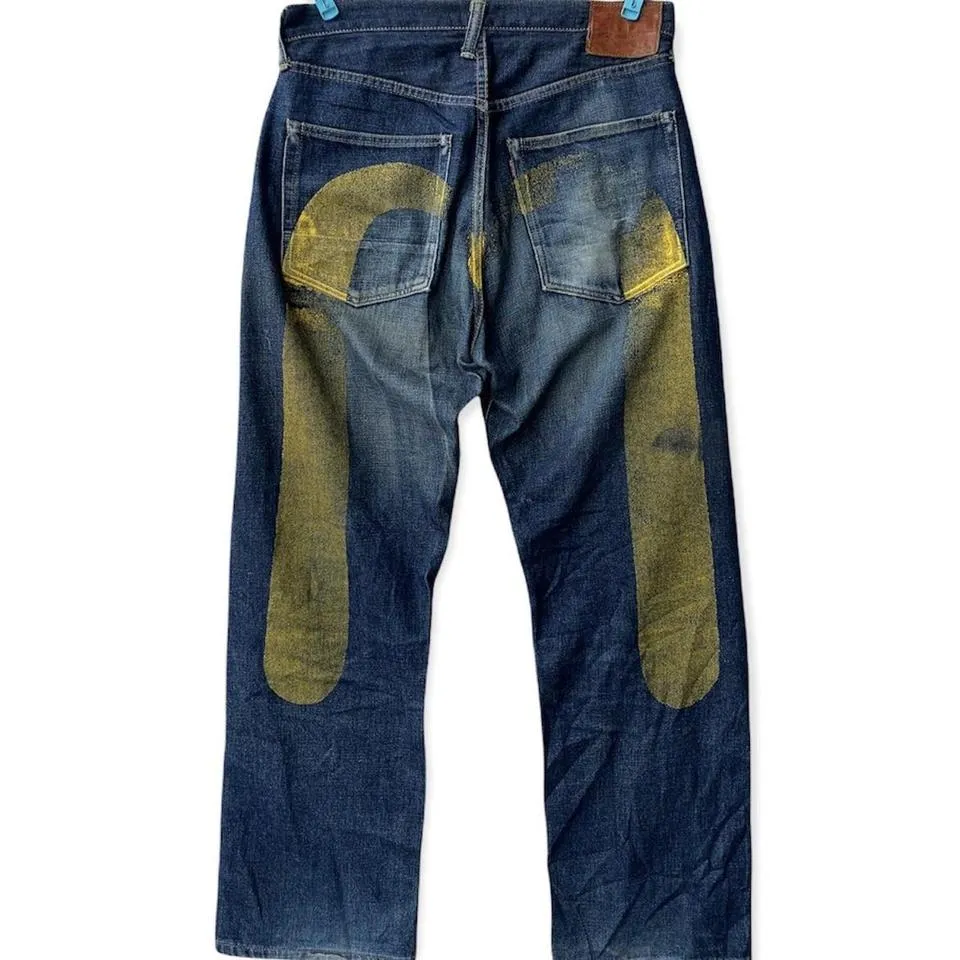 Evisu Men's Yellow and Navy Jeans