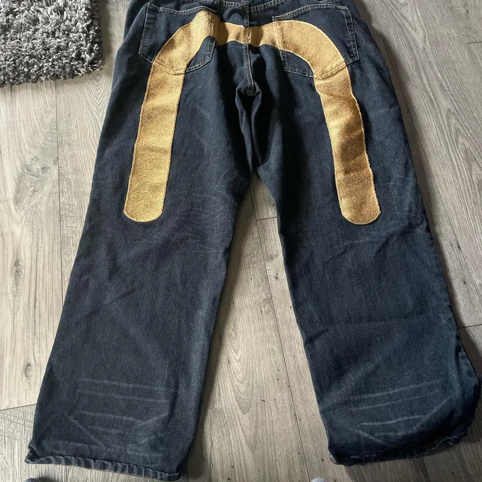 Evisu Men's Black and Gold Jeans