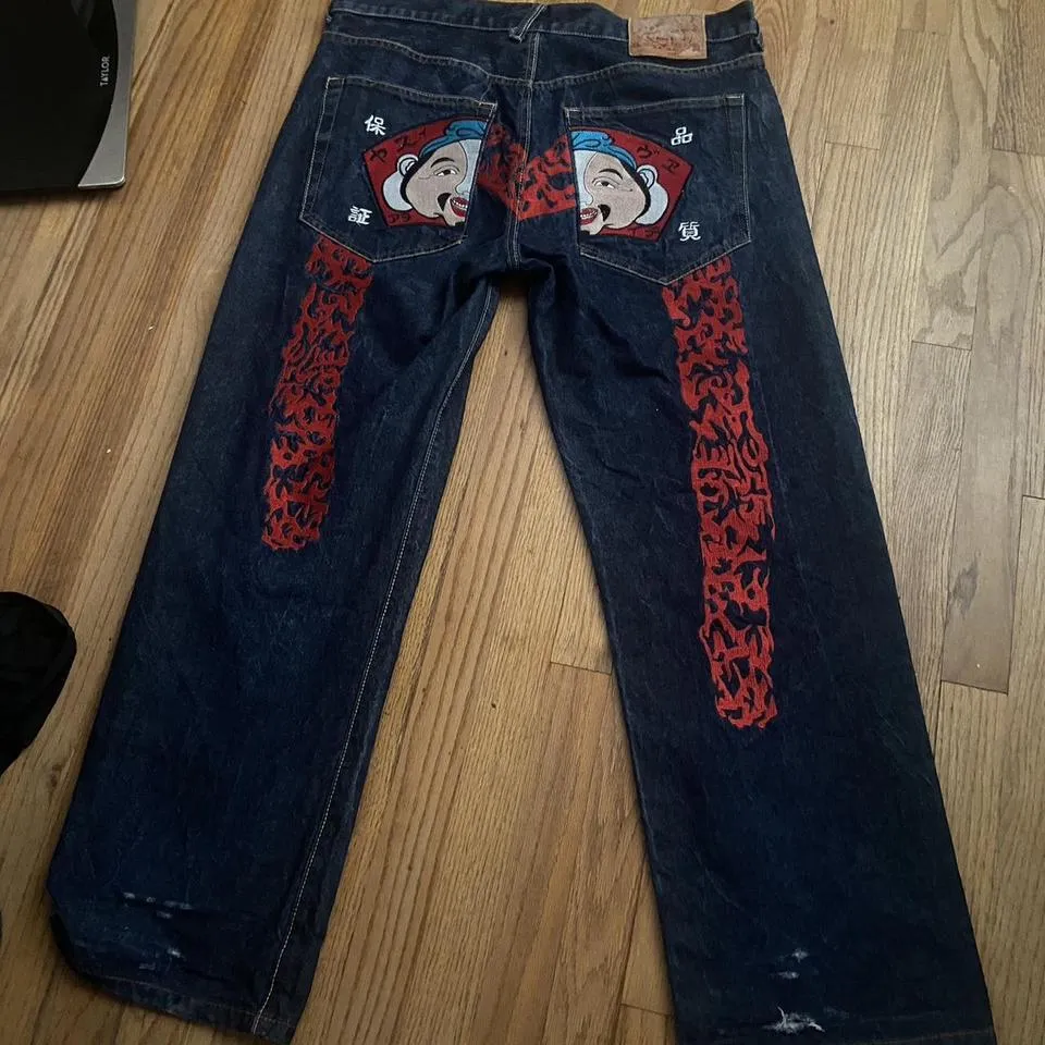 Evisu Men's Red and Navy Jeans