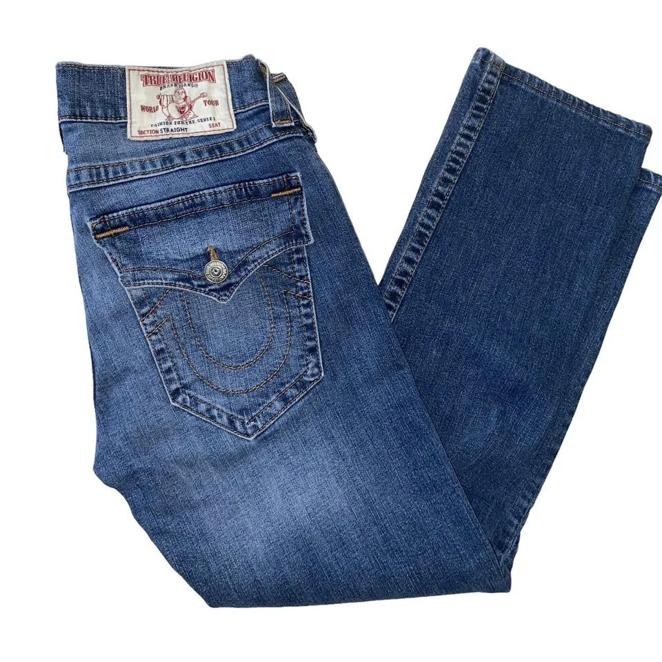 True Religion Men's Blue and Tan Jeans
