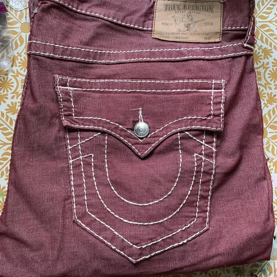 True Religion Men's Burgundy and White Jeans